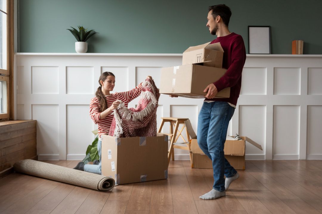 Young couple moving into a new home, carrying boxes