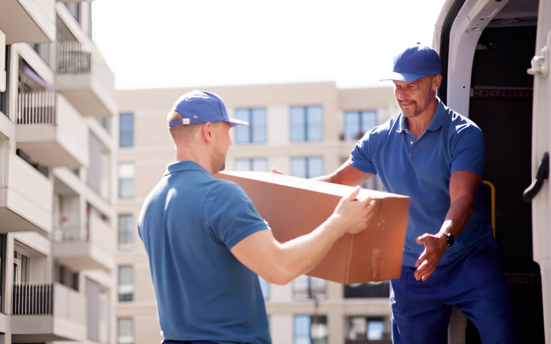 Professional movers expertly navigating furniture through a room