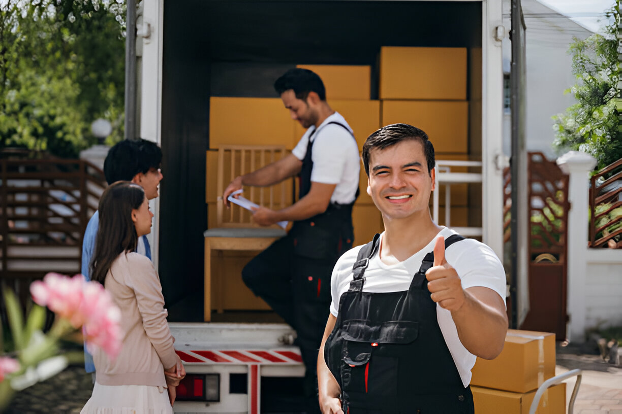 A smiling mover captured in a portrait unloads boxes into a new home from a truck A smiling mover captured in a portrait unloads boxes into a new home from a truck